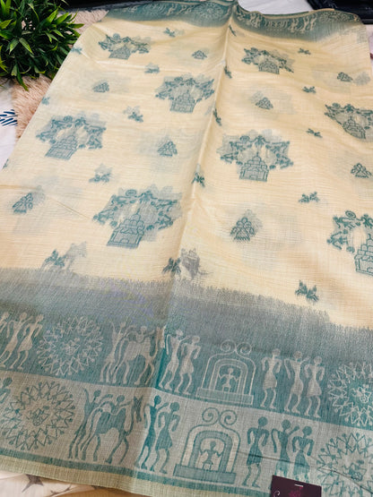 Cream and Teal Blue Warli Art Cotton Silk Saree