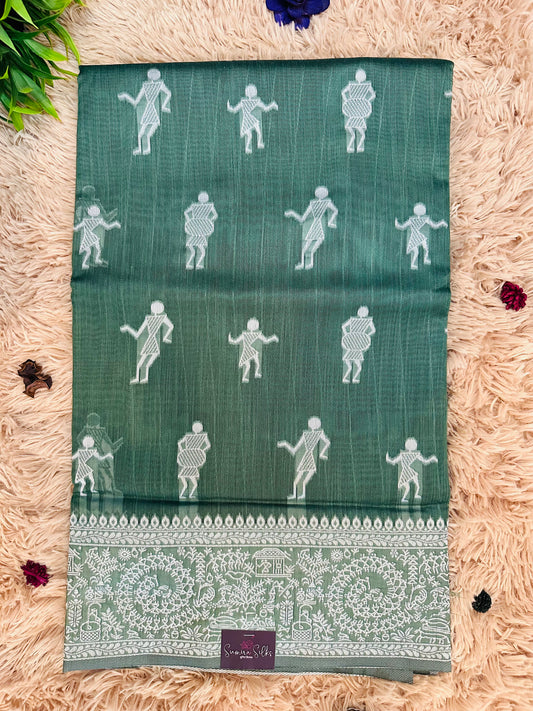 Bottle Green Warli Art Cotton Silk Saree