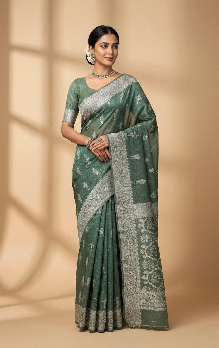 Bottle Green Warli Art Cotton Silk Saree