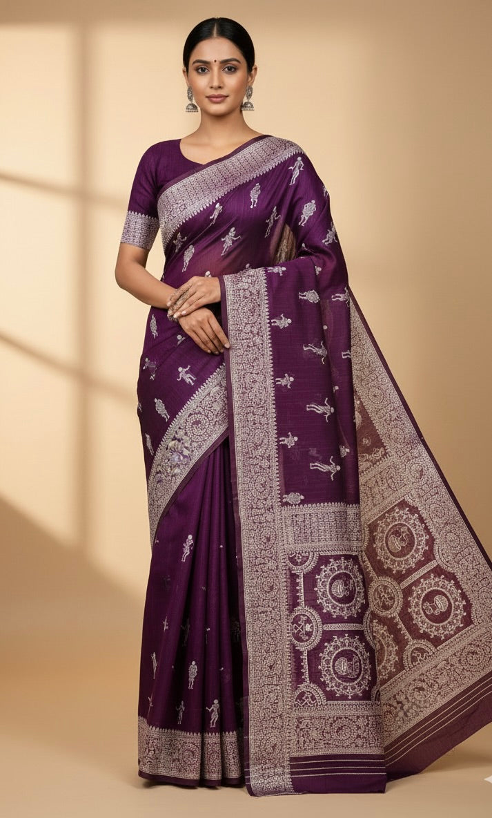 Wine Warli Art Cotton Silk Saree