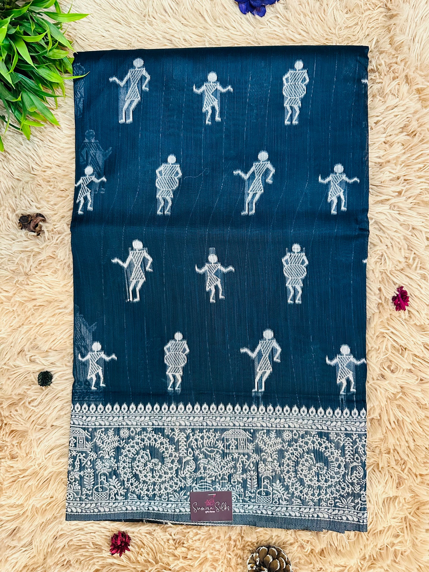 Navy Blue Warli Art Cotton Silk Saree