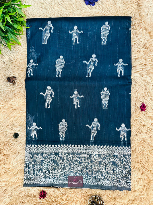 Navy Blue Warli Art Cotton Silk Saree