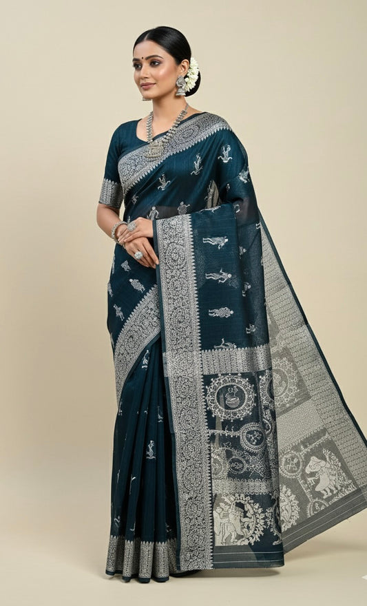 Navy Blue Warli Art Cotton Silk Saree