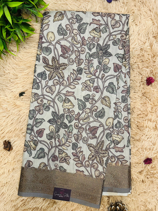 Grey Green Kalamkari Soft Cotton Silk Saree