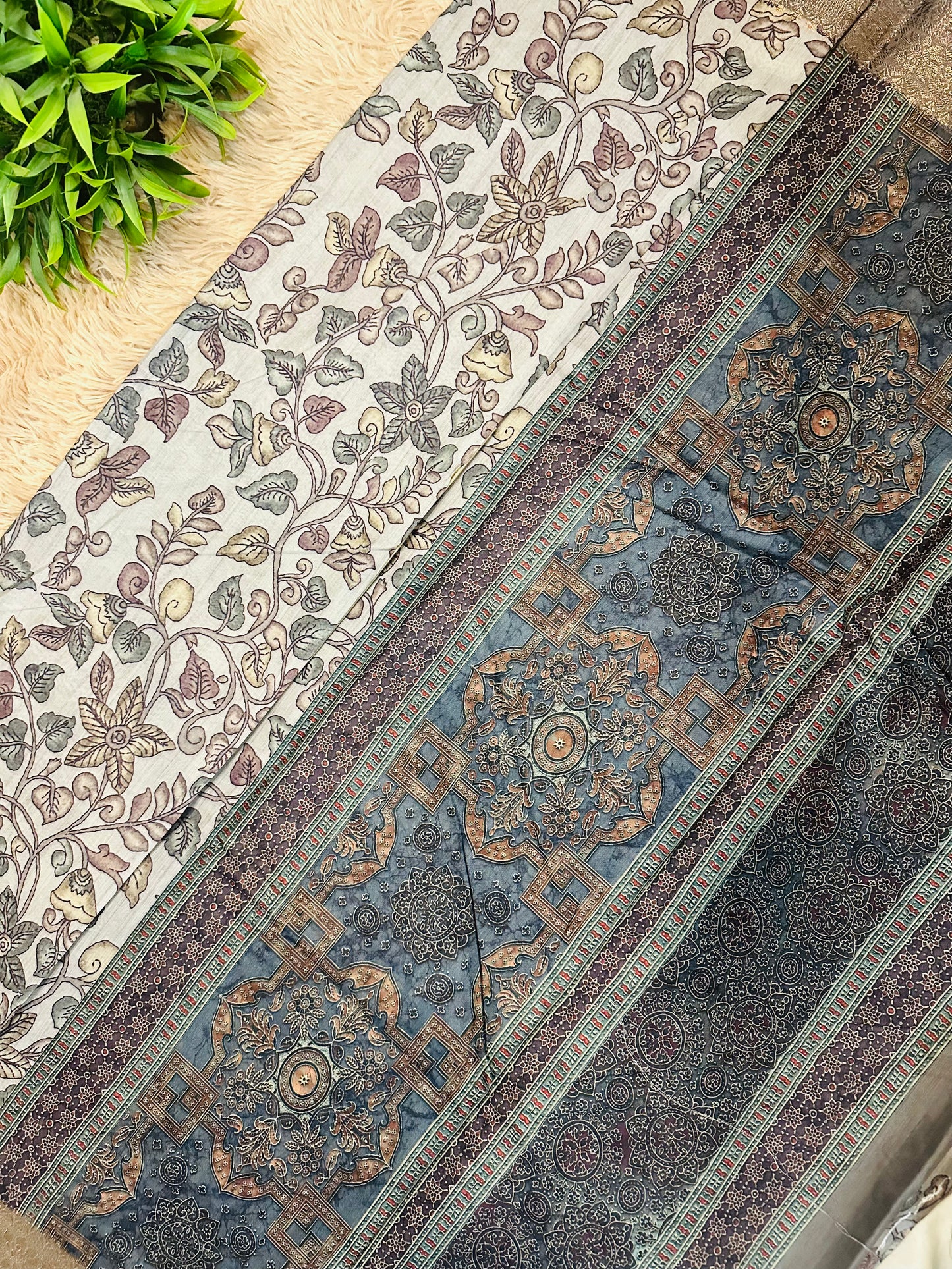 Grey Green Kalamkari Soft Cotton Silk Saree