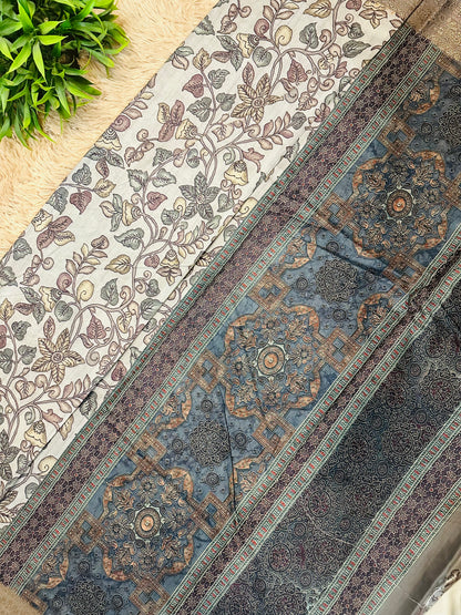 Grey Green Kalamkari Soft Cotton Silk Saree