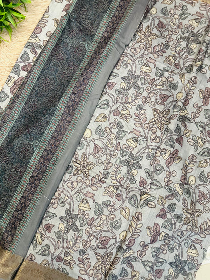 Grey Green Kalamkari Soft Cotton Silk Saree