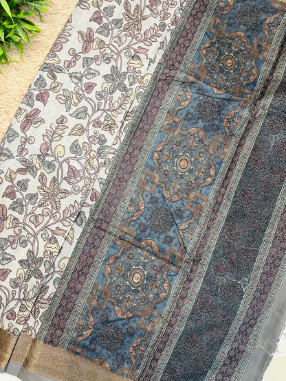Grey Green Kalamkari Soft Cotton Silk Saree