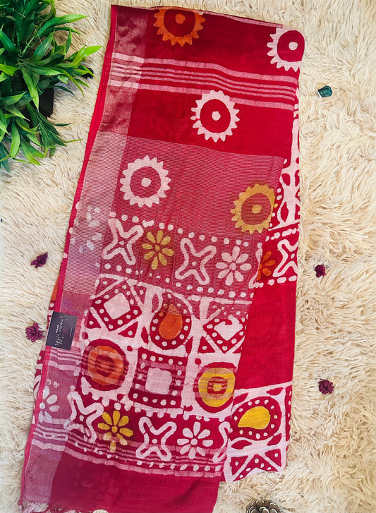 Red Handblock Printed Pure Linen Saree