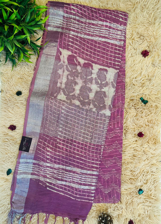 Mauve Handblock Printed Pure Linen Saree