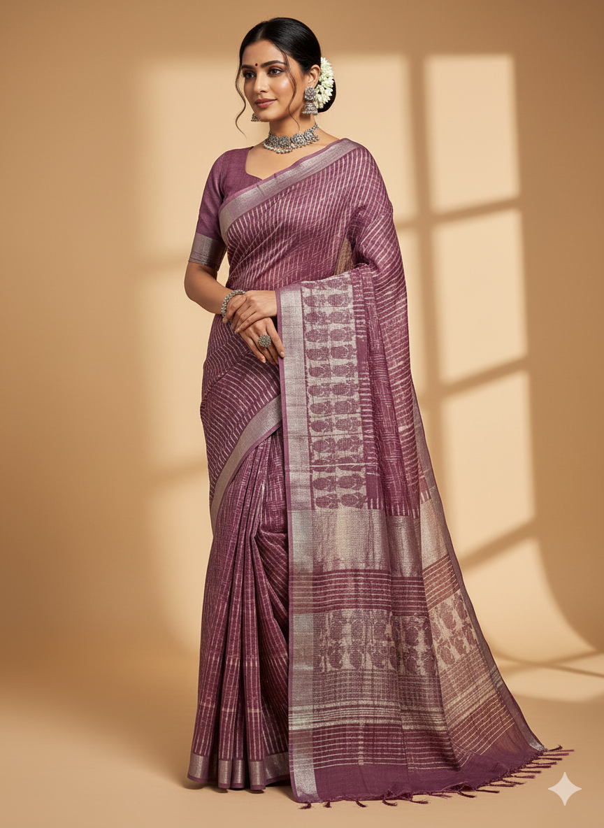 Mauve Handblock Printed Pure Linen Saree