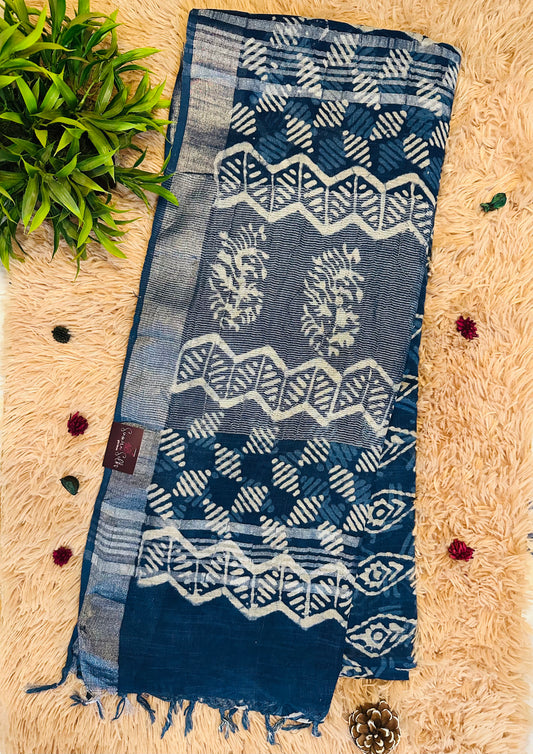 Blue Handblock Printed Pure Linen Saree