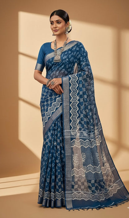 Blue Handblock Printed Pure Linen Saree