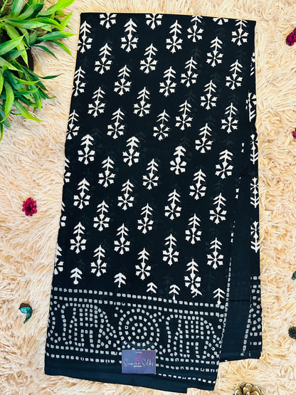 Black Pure Mul Cotton Hand Block Printed Saree