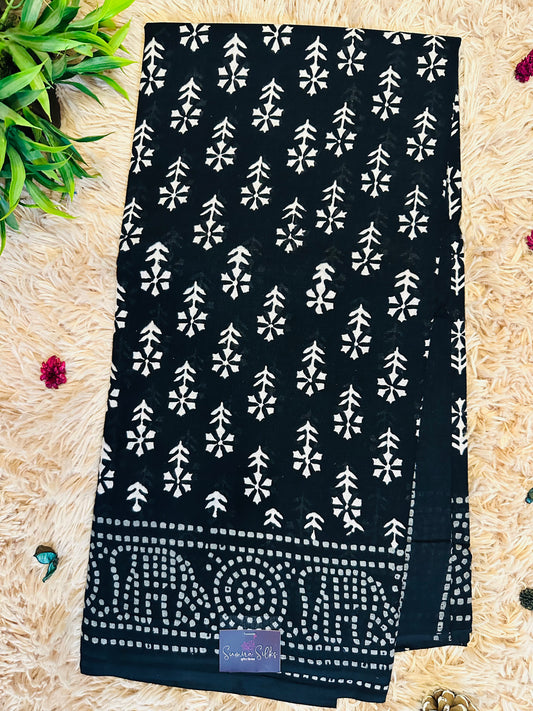 Black Pure Mul Cotton Hand Block Printed Saree