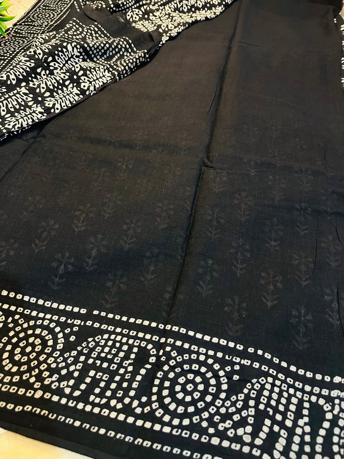 Black Pure Mul Cotton Hand Block Printed Saree