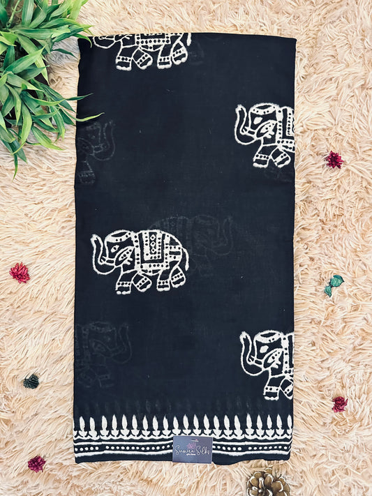Black Pure Mul Cotton Hand Block Printed Saree