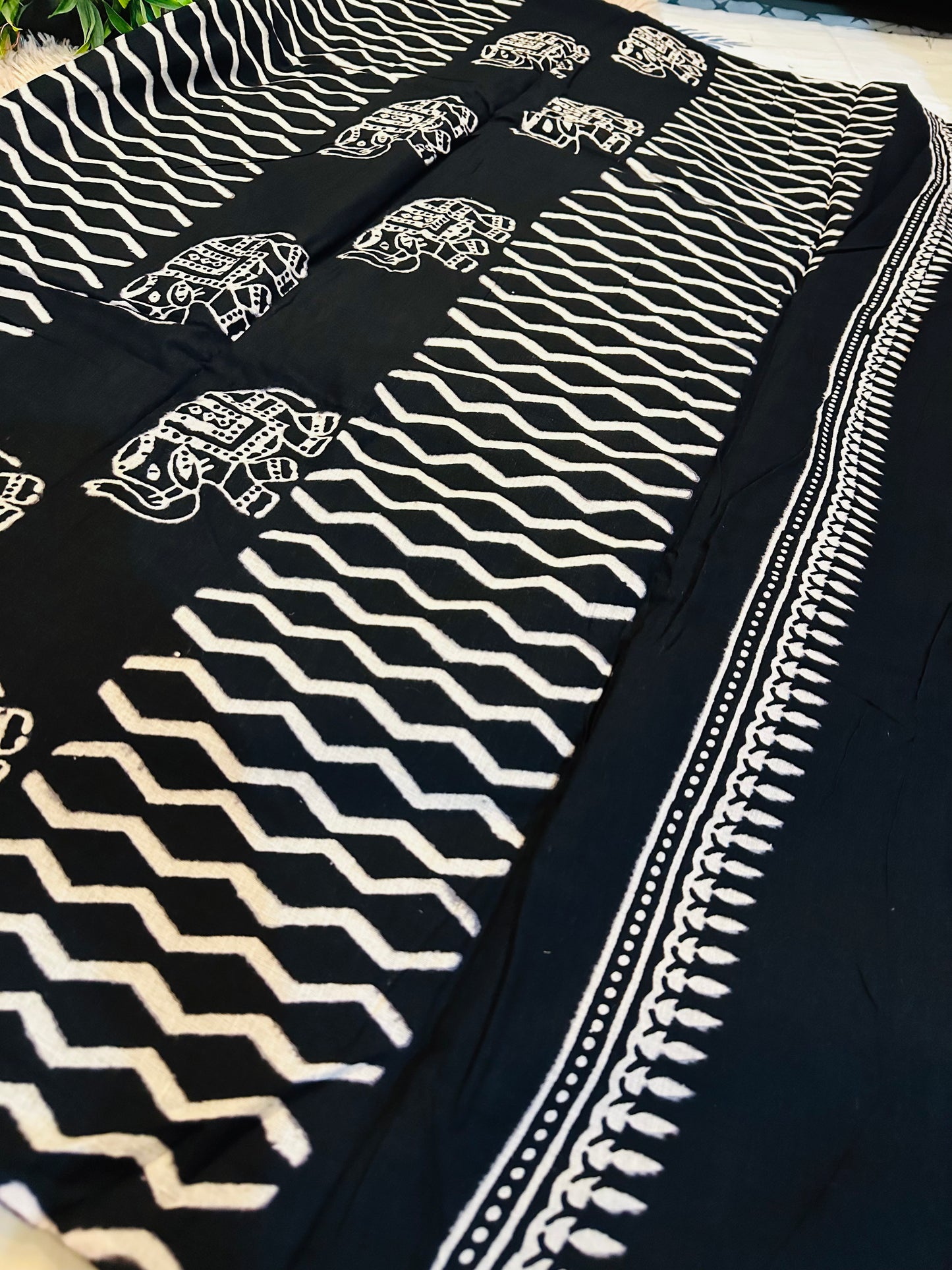 Black Pure Mul Cotton Hand Block Printed Saree