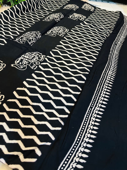 Black Pure Mul Cotton Hand Block Printed Saree