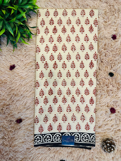 Beige Pure Mul Cotton Hand Block Printed Saree