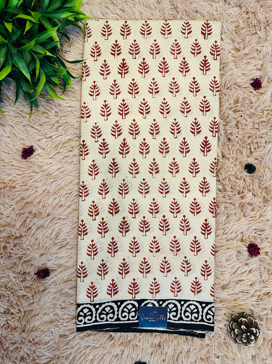 Beige Pure Mul Cotton Hand Block Printed Saree