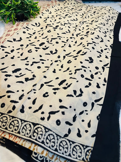 Beige Pure Mul Cotton Hand Block Printed Saree