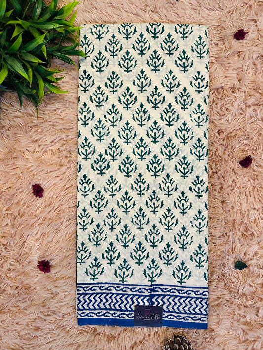 Beige Pure Mul Cotton Hand Block Printed Saree