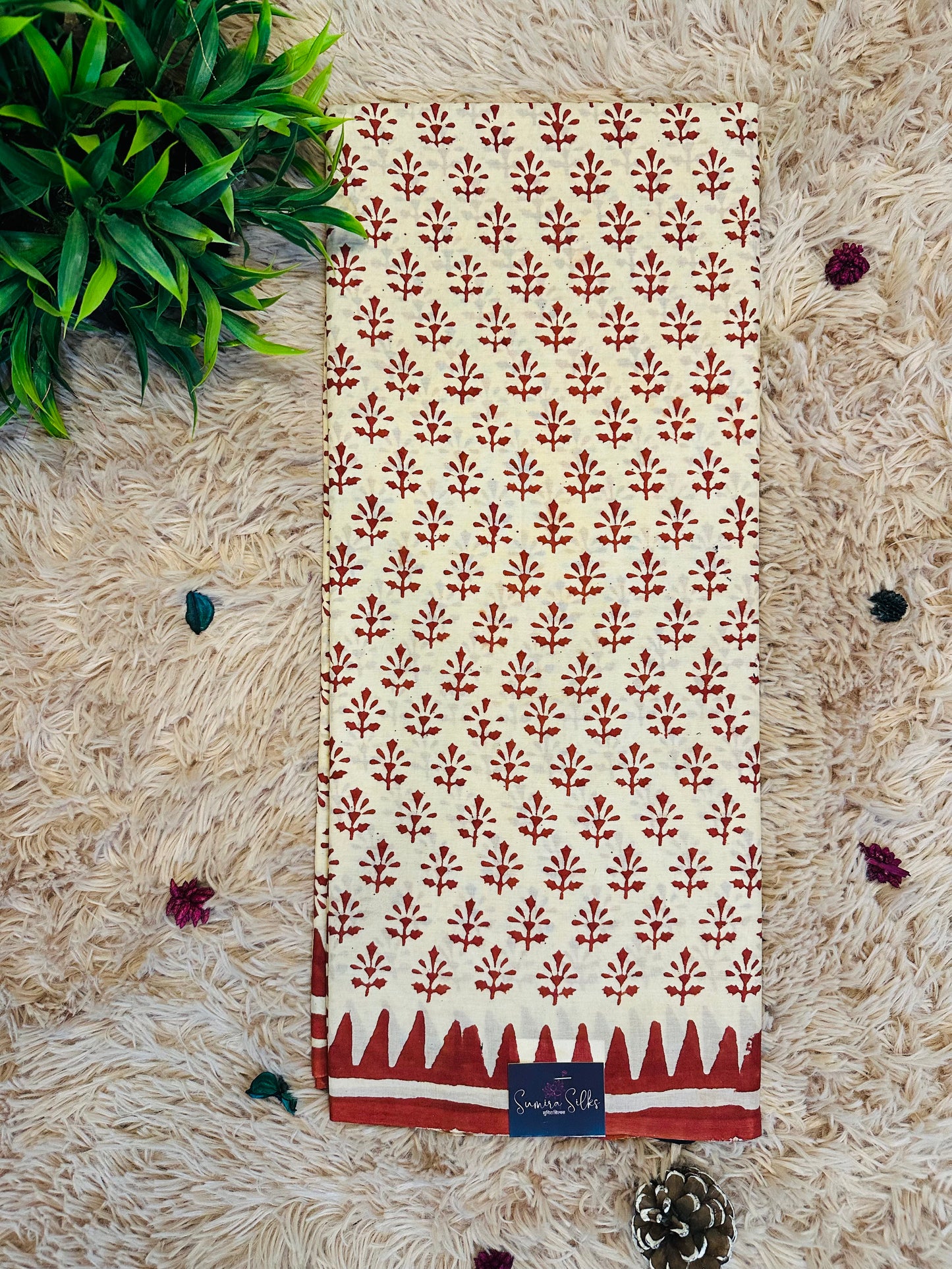 Beige Pure Mul Cotton Hand Block Printed Saree