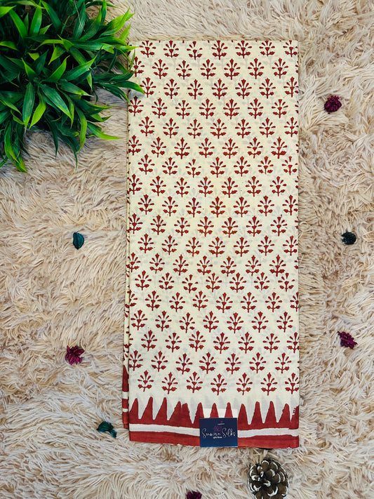 Beige Pure Mul Cotton Hand Block Printed Saree