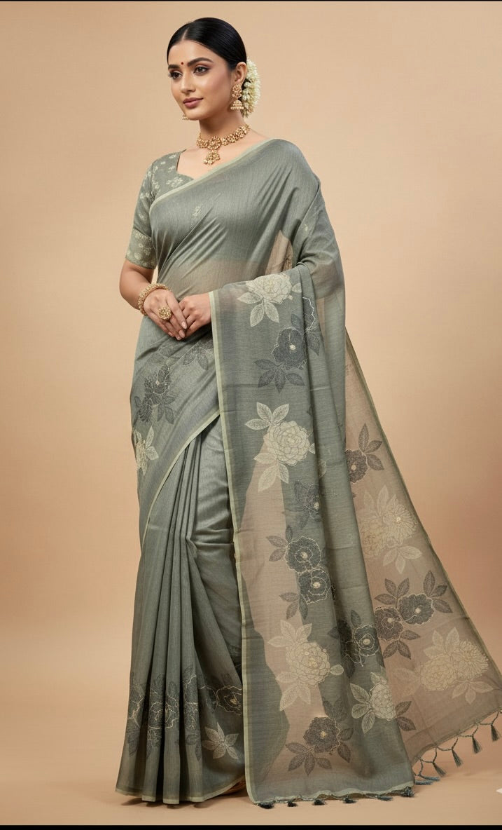 Grey Soft Tussar Silk Saree