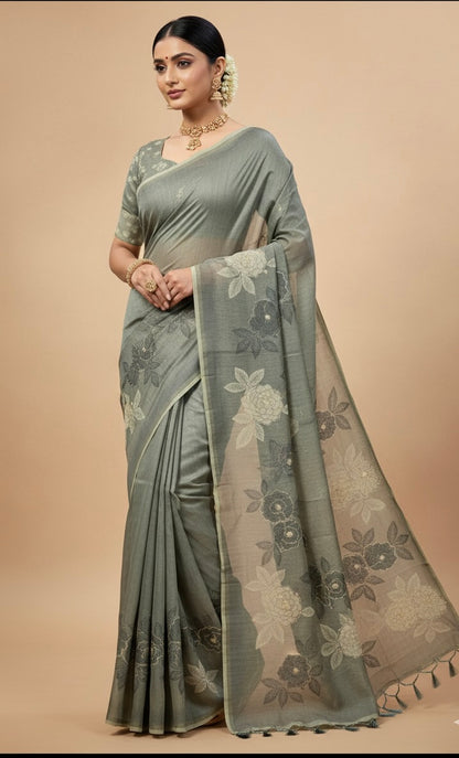 Grey Soft Tussar Silk Saree