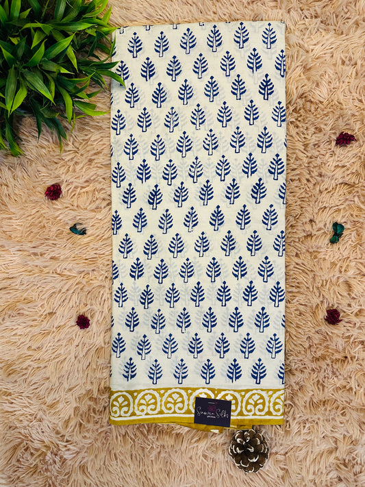 Beige Pure Mul Cotton Hand Block Printed Saree