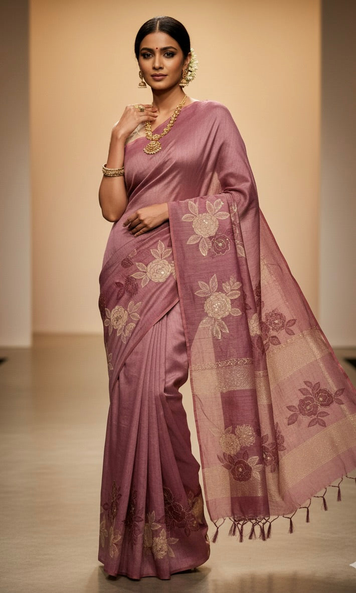Pink Soft Tussar Silk Saree