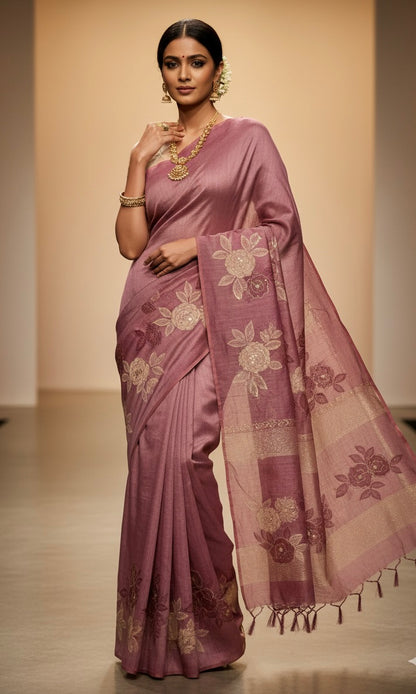 Pink Soft Tussar Silk Saree