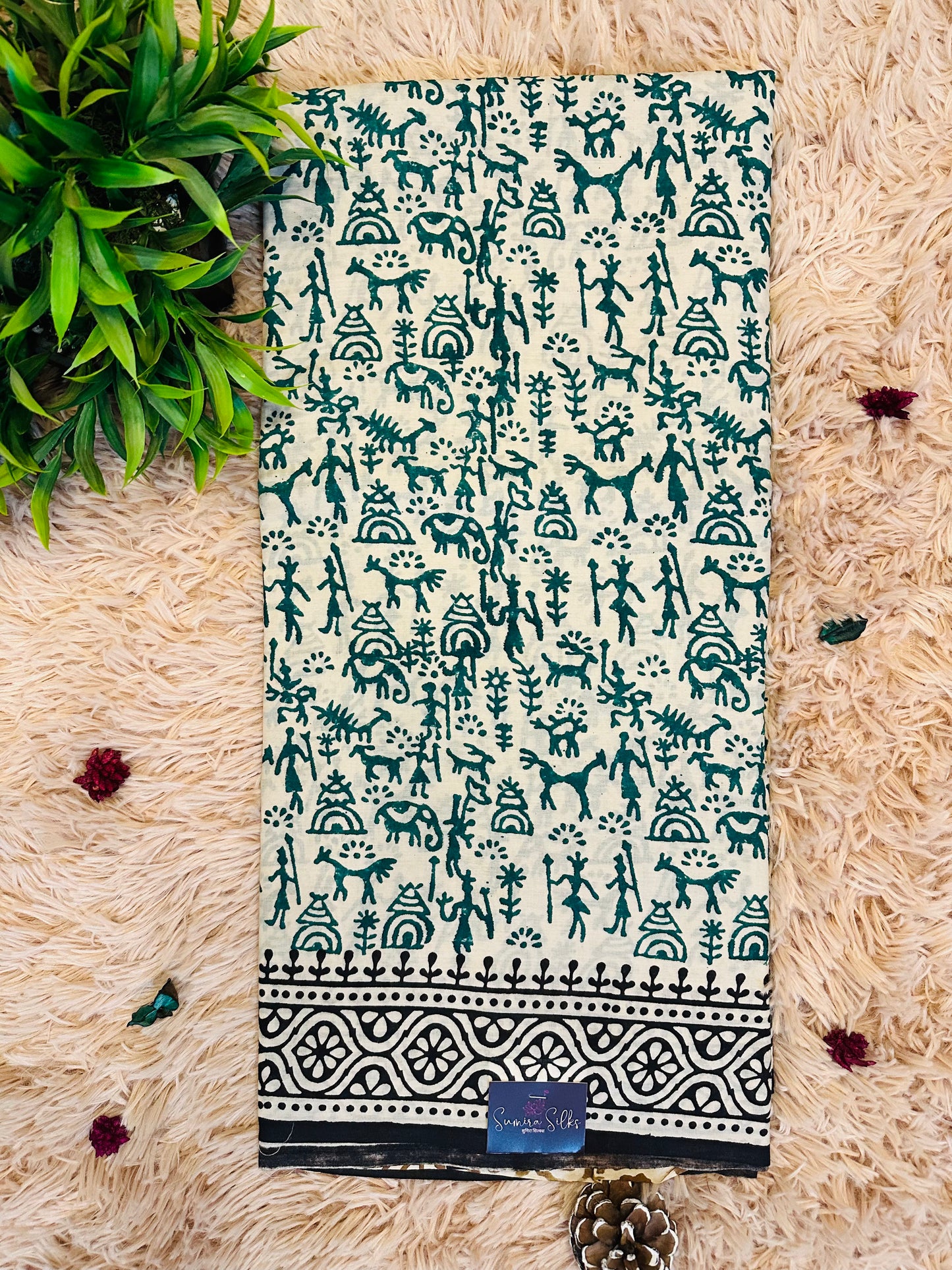 Beige Pure Mul Cotton Hand Block Printed Saree