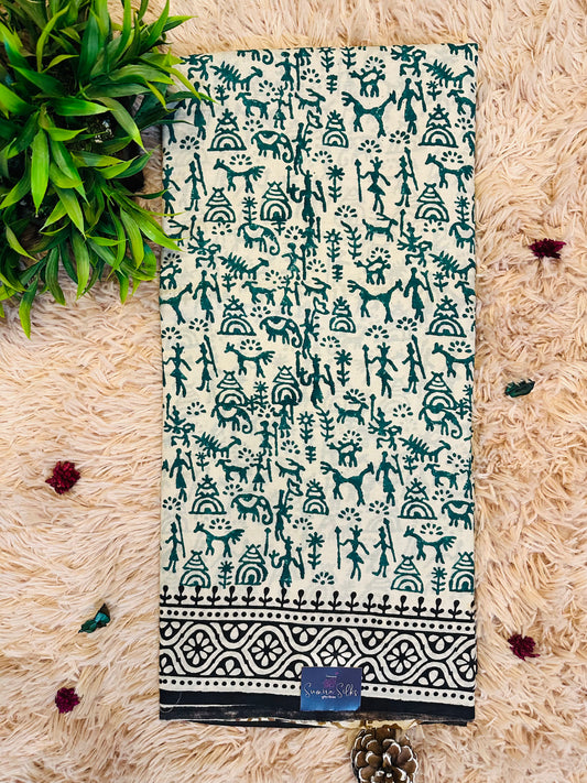 Beige Pure Mul Cotton Hand Block Printed Saree
