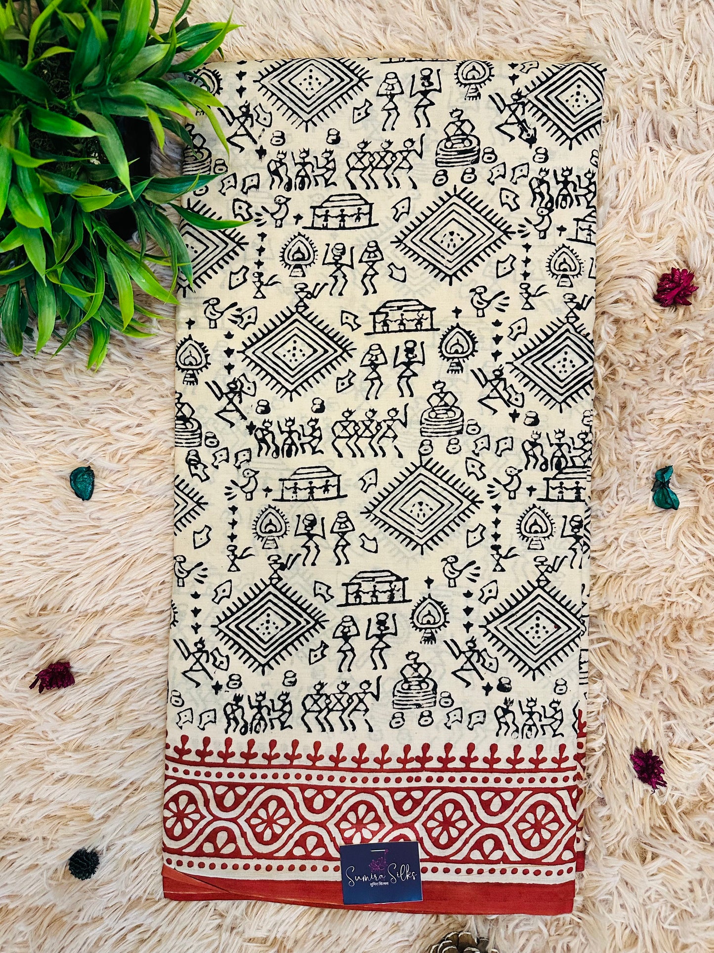 Beige Pure Mul Cotton Hand Block Printed Saree