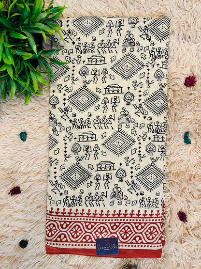 Beige Pure Mul Cotton Hand Block Printed Saree