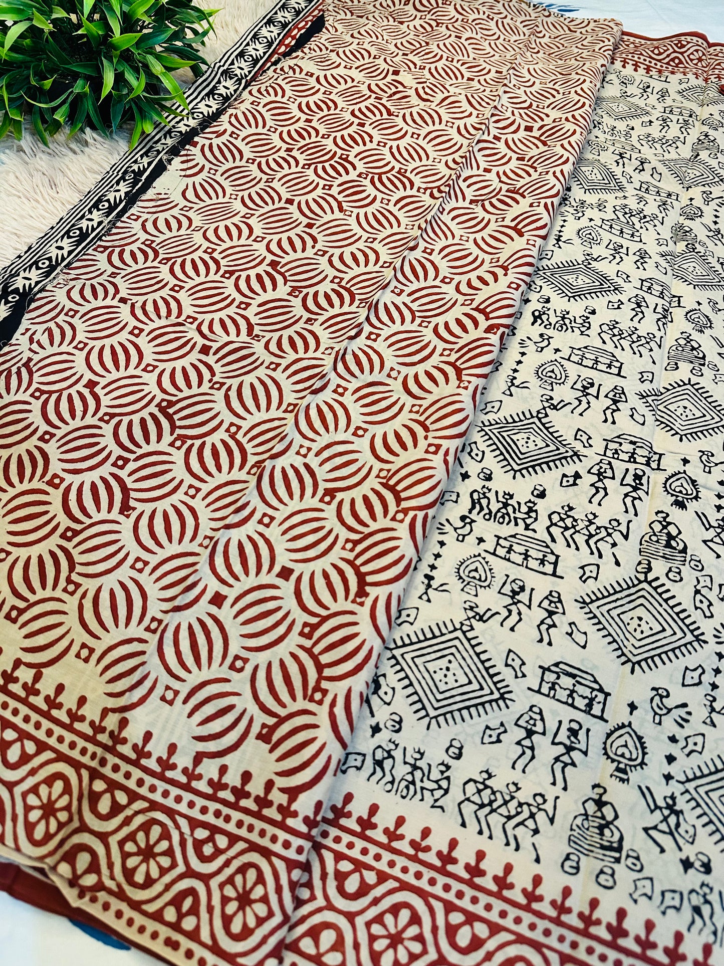 Beige Pure Mul Cotton Hand Block Printed Saree