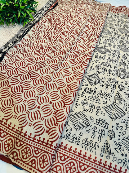Beige Pure Mul Cotton Hand Block Printed Saree