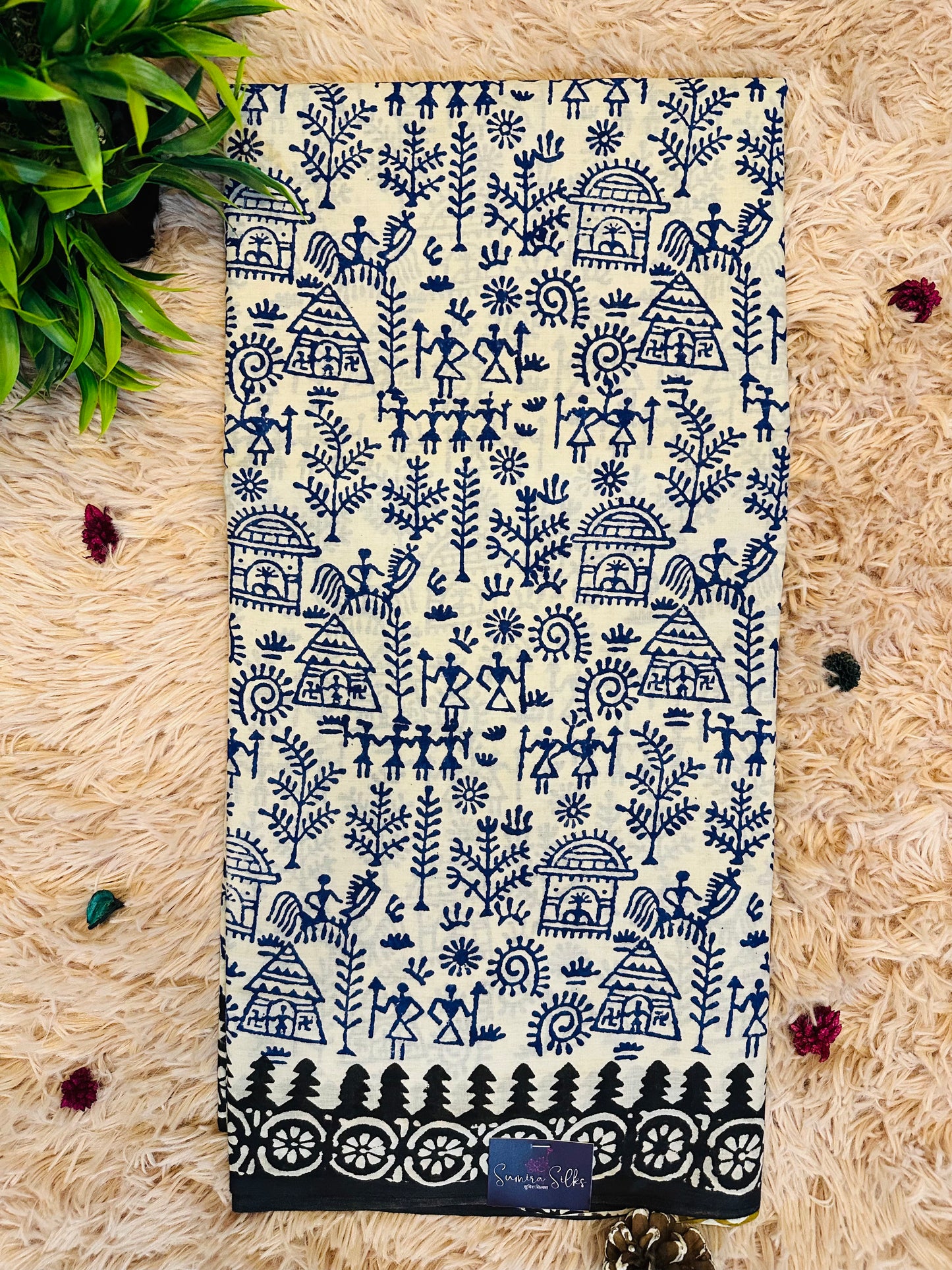 Beige Pure Mul Cotton Hand Block Printed Saree