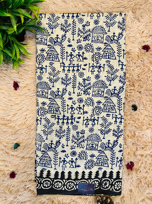 Beige Pure Mul Cotton Hand Block Printed Saree