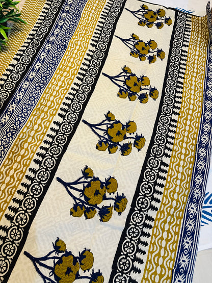 Beige Pure Mul Cotton Hand Block Printed Saree