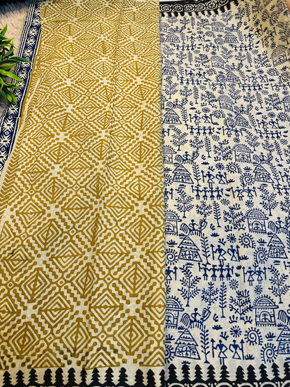 Beige Pure Mul Cotton Hand Block Printed Saree