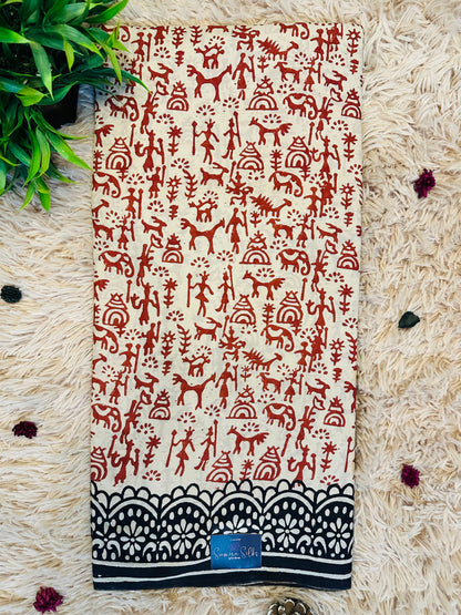 Beige Pure Mul Cotton Hand Block Printed Saree