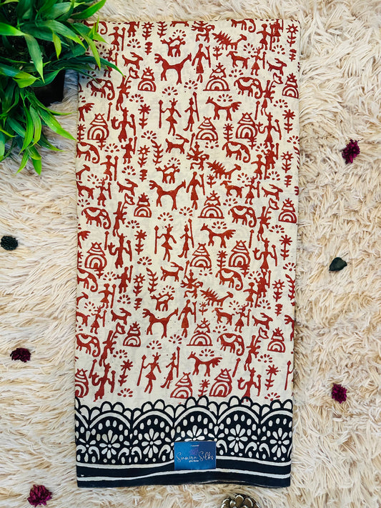 Beige Pure Mul Cotton Hand Block Printed Saree