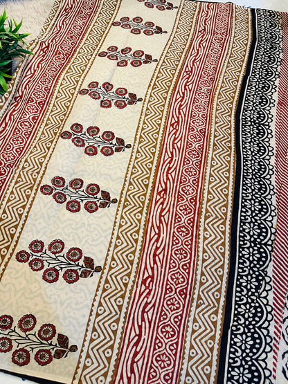 Beige Pure Mul Cotton Hand Block Printed Saree