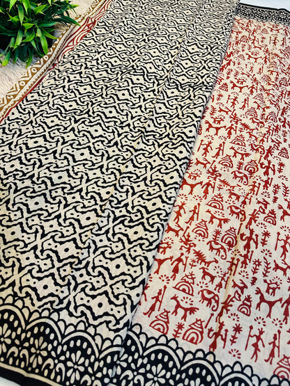 Beige Pure Mul Cotton Hand Block Printed Saree