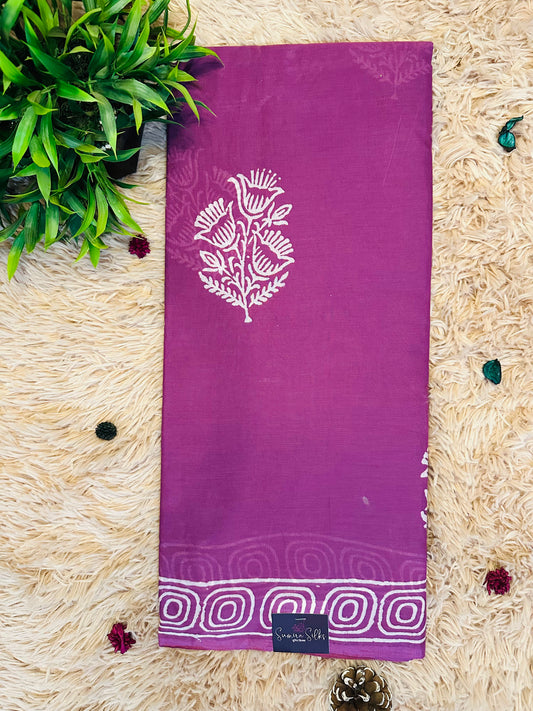 Purple Pure Mul Cotton Hand Block Printed Saree