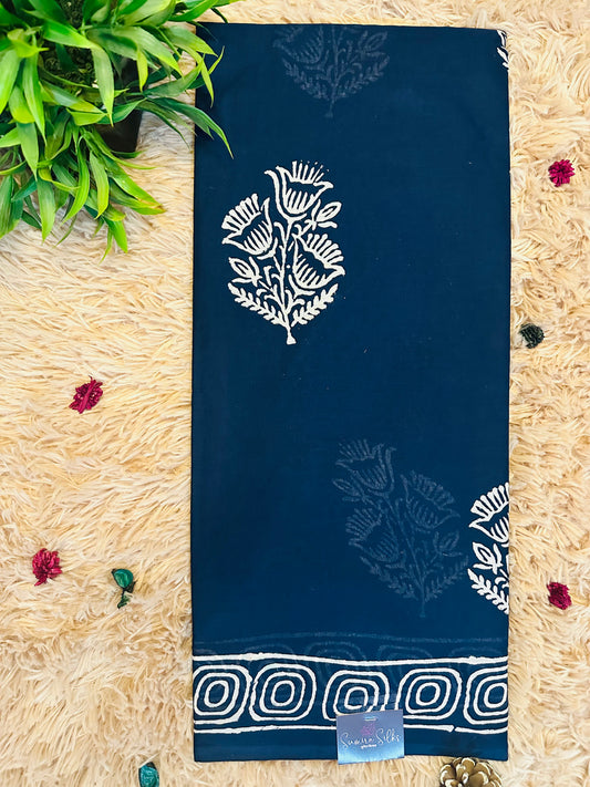 Navy Blue Pure Mul Cotton Hand Block Printed Saree